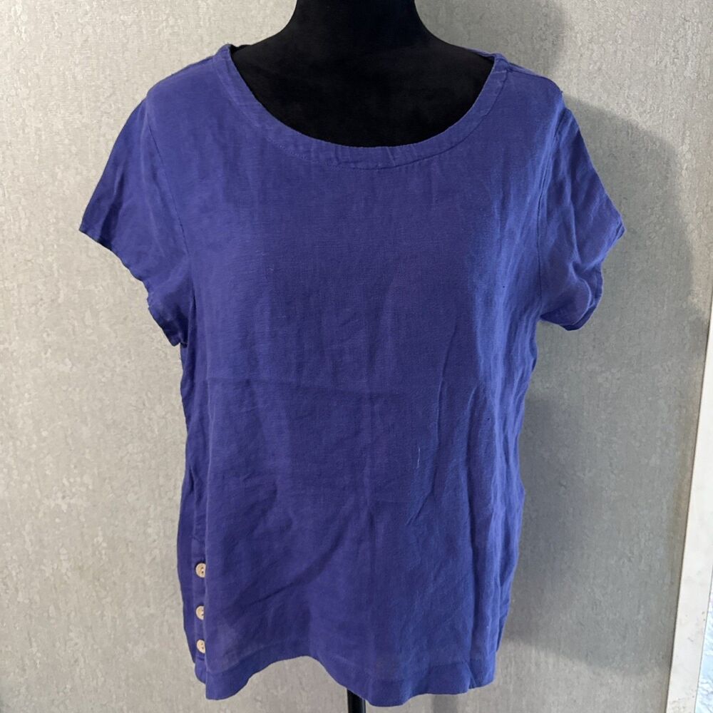 Cynthia Rowley 100% Linen Top Womens 8 Blue Short Sleeve Side Button Blouse